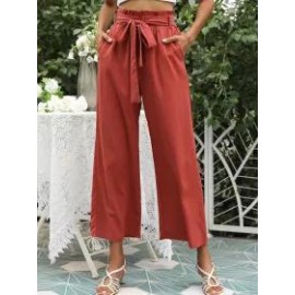 Solid Color High Waist Belt Wide Leg Pants