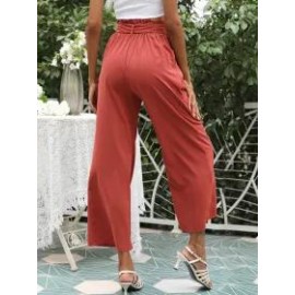 Solid Color High Waist Belt Wide Leg Pants