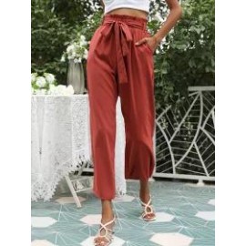 Solid Color High Waist Belt Wide Leg Pants