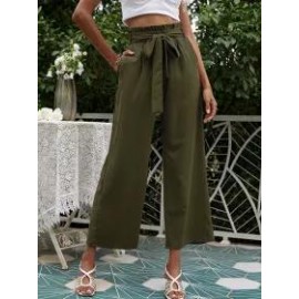 Solid Color High Waist Belt Wide Leg Pants