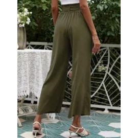 Solid Color High Waist Belt Wide Leg Pants