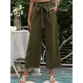 Solid Color High Waist Belt Wide Leg Pants