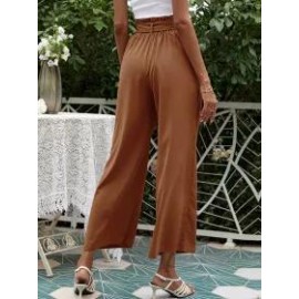 Solid Color High Waist Belt Wide Leg Pants