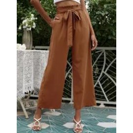 Solid Color High Waist Belt Wide Leg Pants