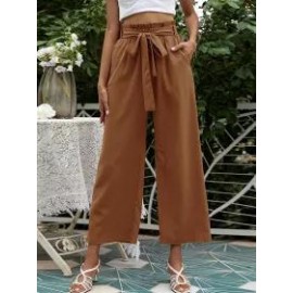 Solid Color High Waist Belt Wide Leg Pants