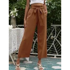 Solid Color High Waist Belt Wide Leg Pants