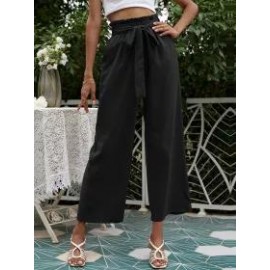 Solid Color High Waist Belt Wide Leg Pants