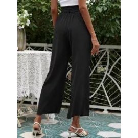 Solid Color High Waist Belt Wide Leg Pants