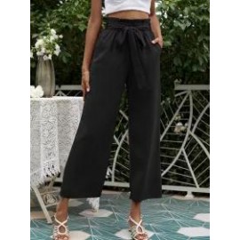 Solid Color High Waist Belt Wide Leg Pants