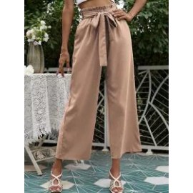 Solid Color High Waist Belt Wide Leg Pants
