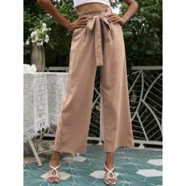 Solid Color High Waist Belt Wide Leg Pants