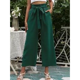 Solid Color High Waist Belt Wide Leg Pants