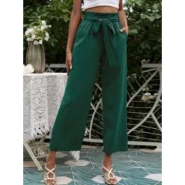 Solid Color High Waist Belt Wide Leg Pants