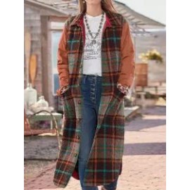 Women's Colorful Plaid Colorblock Long Trench Coat