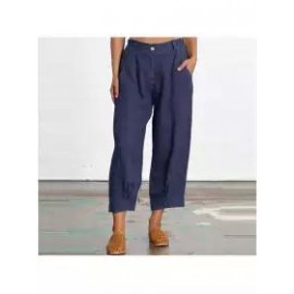 women new summer plain cotton and linen loose casual cropped pants