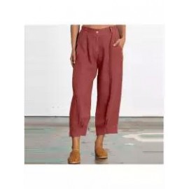 women new summer plain cotton and linen loose casual cropped pants