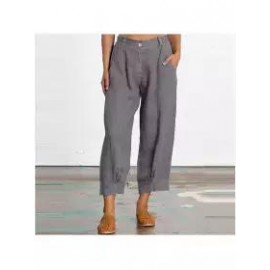 women new summer plain cotton and linen loose casual cropped pants