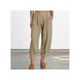 women new summer plain cotton and linen loose casual cropped pants