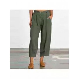 women new summer plain cotton and linen loose casual cropped pants
