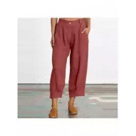 women new summer plain cotton and linen loose casual cropped pants