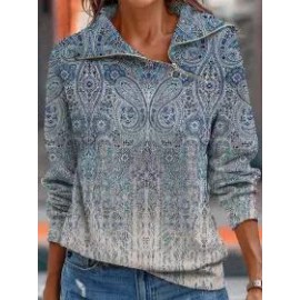 Casual Loose Vintage Print Zip Sweatshirt