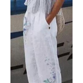 Loose Cotton And Linen Dragonfly Print Pants