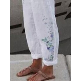 Loose Cotton And Linen Dragonfly Print Pants