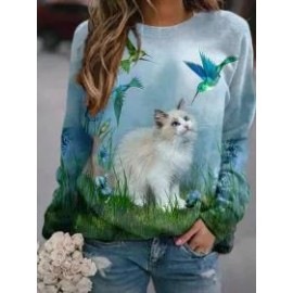 Ladies Round Neck Cat Print Long Sleeve Sweatshirt