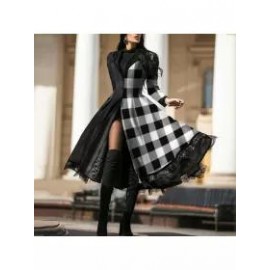 Fashion All-match Print Stitching Woolen Coat