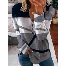 Casual Print Zipper V Neck Long Sleeves Sweatshirt