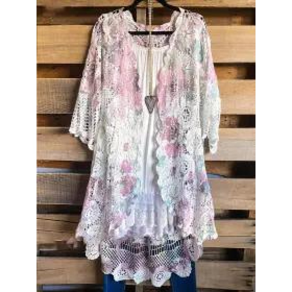 Round Neck Casual Loose Hollow Lace Cardigan