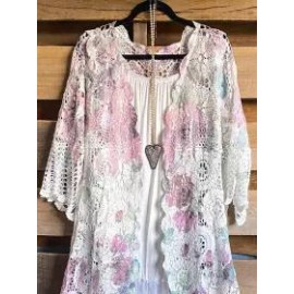 Round Neck Casual Loose Hollow Lace Cardigan