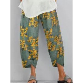 Floral Printed Elastic Waist Casual Cotton And Linen Pants
