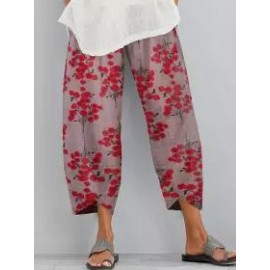 Floral Printed Elastic Waist Casual Cotton And Linen Pants