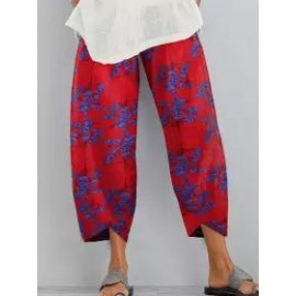 Floral Printed Elastic Waist Casual Cotton And Linen Pants