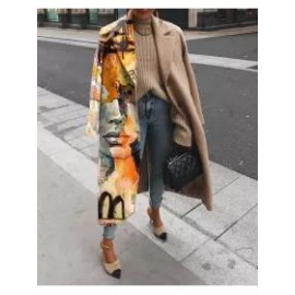 Elegant And Fashionable Print Stitching Longfeng Woolen Coat
