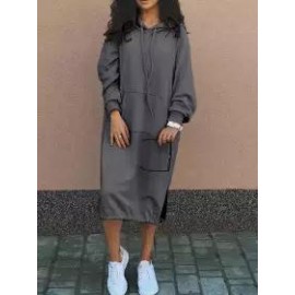 Casual Loose Solid Color Hooded Midi Dress