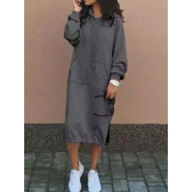Casual Loose Solid Color Hooded Midi Dress