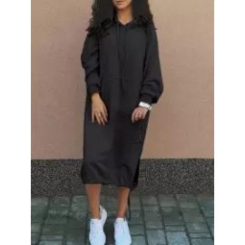 Casual Loose Solid Color Hooded Midi Dress