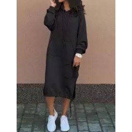 Casual Loose Solid Color Hooded Midi Dress