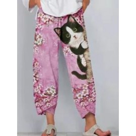 Womens Casual Cat And Flower Print Cropped Trousers