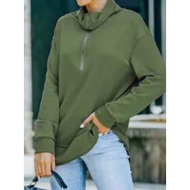 Fashion Plain Zipper High Neck Casual Long Sleeve Sweatshirt