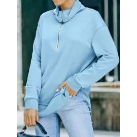 Fashion Plain Zipper High Neck Casual Long Sleeve Sweatshirt