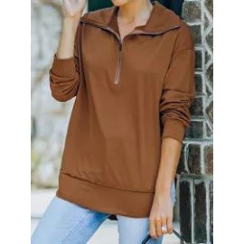 Fashion Plain Zipper High Neck Casual Long Sleeve Sweatshirt
