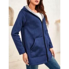 Ladies Two-tone Suede Long-sleeves Hooded Coat