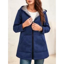 Ladies Two-tone Suede Long-sleeves Hooded Coat