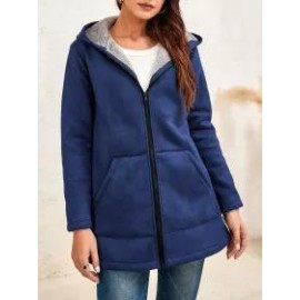 Ladies Two-tone Suede Long-sleeves Hooded Coat
