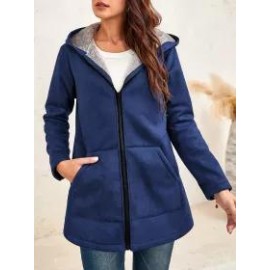 Ladies Two-tone Suede Long-sleeves Hooded Coat