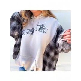 Women Plaid Patchwork Skeleton Printed Hoodie