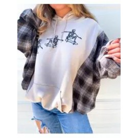 Women Plaid Patchwork Skeleton Printed Hoodie